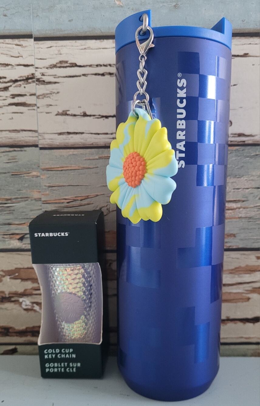 Starbucks Blue Tumbler Cold Cup w Flower Charm + Mini Cup Keychain Set NEW